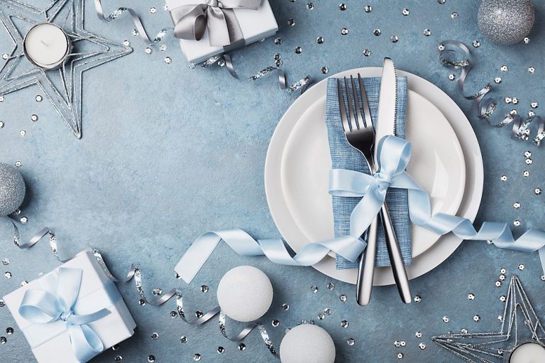 Table,Setting,With,Gift,Boxes,And,Holiday,Decorations,Top,View.