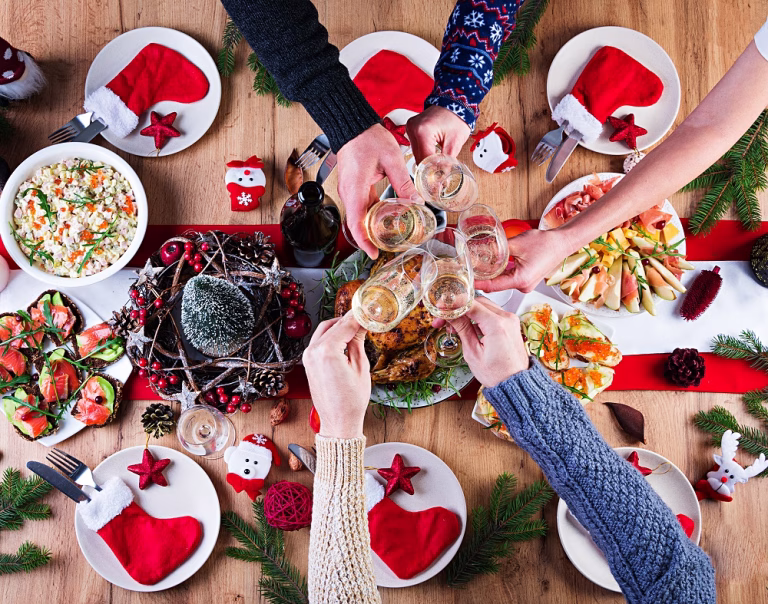 Baked turkey. Christmas dinner. The Christmas table is served wi
